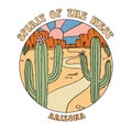 Spirit of the west roud badge - Grand Canyon landscape with mountains, rocks, stones and cactuses. Arizona state