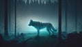 Spirit wolf surrounded by glowing blue light in a dark misty forest. Generative AI