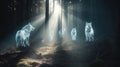 Spirit wolves glowing with white light in a dark misty forest. Mystical animals. Generative AI