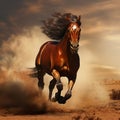 spirited arabian horse with a fiery chestnut coat racing across an open field running in the desert