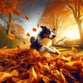 Dog finds playful moments in a pile of autumnal leaves