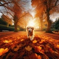 Dog finds playful moments in a pile of autumnal leaves
