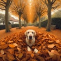 Dog finds playful moments in a pile of autumnal leaves