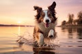 spirited dog running in the natural water surroundings, embodying sheer canine joy