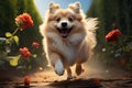 A spirited spitz dashes through the garden, flower clutched in mouth