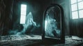 Spirits and ghosts in an old house, with the reflection of a ghost in a mirror in a dark room, Ai Generated