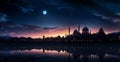 Spiritual ambiance, mosques silhouette and crescent moon grace the twilight
