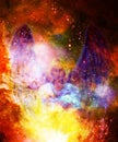 Spiritual Angel in cosmic space. Painting and graphic effect.