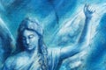 Spiritual Angel painting on canvas with blue abstract background.