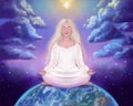 Spiritual awakening, meditation. Girl in space meditates on the background of the universe
