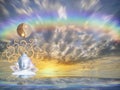 Spiritual background with buddha statue, yin yang symbol and life tree on sea reflection position Royalty Free Stock Photo