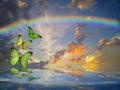 Spiritual background with colorful butterflies and rainbow in sea reflection ground