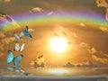 Spiritual background with colorful butterflies and rainbow in sea reflection ground