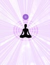 Spiritual background for meditation with guilloche mandala and human silhouette meditating with sacred symbol in color background