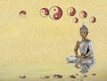 Spiritual background for meditation with buddha statue and yin yang symbol isolated in golden background Royalty Free Stock Photo