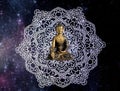 Spiritual background for meditation with buddha statue, yin yang symbol and mandala isolated in color background Royalty Free Stock Photo