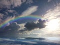 Spiritual background for meditation with clouds sky, rainbow and butterflies Royalty Free Stock Photo