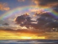 Spiritual background for meditation with clouds sky, rainbow and butterflies Royalty Free Stock Photo