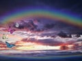 Spiritual background for meditation with clouds sky, rainbow and butterflies Royalty Free Stock Photo