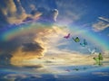 Spiritual background for meditation with clouds sky, rainbow and butterflies Royalty Free Stock Photo