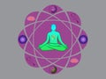 Spiritual background for meditation with dharma wheel, life flower and yin yang symbol isolated in color background