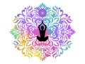 Spiritual background for meditation with guilloche mandala and human silhouette meditating with sacred symbol in color background