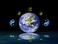 Spiritual background for meditation with planet earth and yin yang symbol isolated in color background