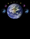 Spiritual background for meditation with planet earth and yin yang symbol isolated in color background