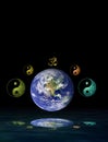 Spiritual background for meditation with planet earth and yin yang symbol isolated in color background