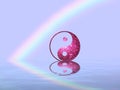 Spiritual background for meditation with yin yang symbol and rainbow in sea reflection Royalty Free Stock Photo