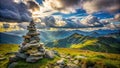 A Spiritual Cairn Marks the Hiking Trail A Stone Stack of Prayer and Direction on a Mountain Path Royalty Free Stock Photo