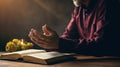 Spiritual Connection, A Mans Prayerful Moment of Devotion with the Holy Bible, Generative AI