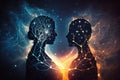 Spiritual connection between people. Couple souls silhouettes on absctract cosmic background. Man and woman forever Royalty Free Stock Photo