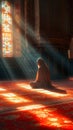 Spiritual devotion Muslim man prays in mosque, bathed in sunlight rays