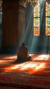 Spiritual devotion Muslim man prays in mosque, bathed in sunlight rays