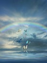 Spiritual and ecologic background with butterflies and rainbow
