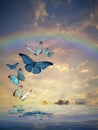 Spiritual and ecologic background with butterflies and rainbow Royalty Free Stock Photo