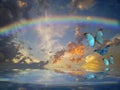 Spiritual and ecologic background with butterflies and rainbow Royalty Free Stock Photo