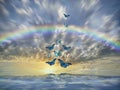 Spiritual and ecologic background with butterflies and rainbow