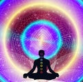 Esoteric background with man in yoga meditating position and seven chakras