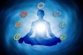 Blue whirl and seven chakras with a man in yoga meditation