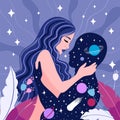 Spiritual girl,merging with the universe, space love. dream, thought and meditation concept. vector illustration