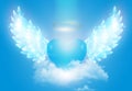 Spiritual guidance, divine energy, Angel of light and love doing a miracle on sky, blue angelic wings Royalty Free Stock Photo