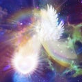 Spiritual guidance, energy heal, Angel of light and love doing a miracle on cosmic sky, rainbow angelic wings, divine intervention Royalty Free Stock Photo