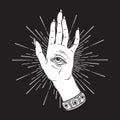 Spiritual hand with the allseeing eye on the palm. Occult design isolated vector illustration Royalty Free Stock Photo