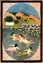 spiritual hermetic illustration of Indian girls swimming in a pond with lotus flowers