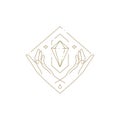 Spiritual human hands jewelry gem bright magic geometric frame golden minimalist line icon vector