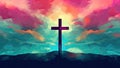 Spiritual illustration of a cross drawn with watercolors in the sky, representing the Christian and Catholic religion. Generative