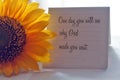 Spiritual inspirational words - One day you will see why God made you wait. With half of sunflower decoration background on white.