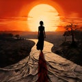 Silhouette of a Woman Walking Towards a Radiant Sunset with Flowing Dress. Generative Ai Royalty Free Stock Photo